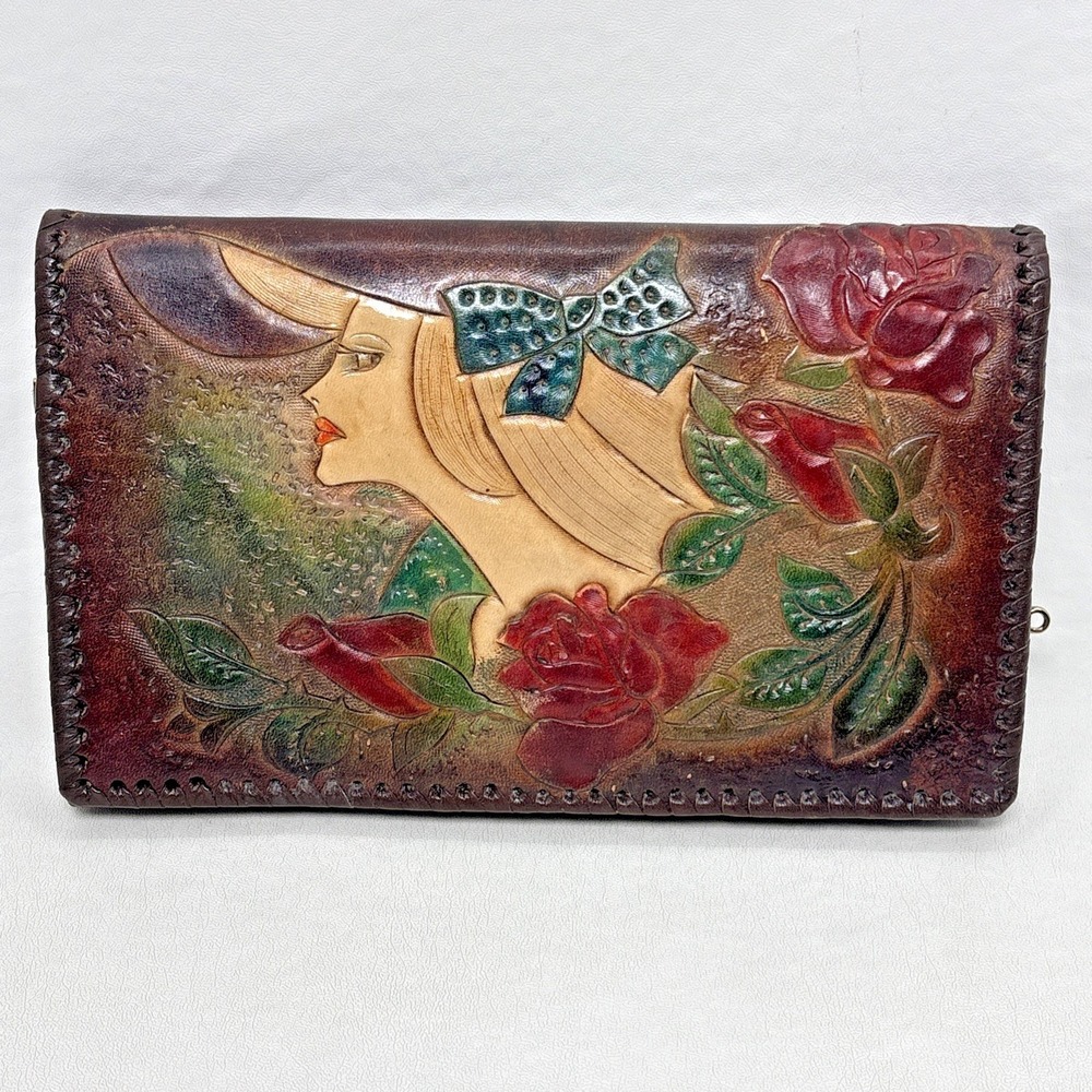 VTG Brown Leather Elleâ Clutch Wallet Embossed Woman Rose Floral Stitched Boho